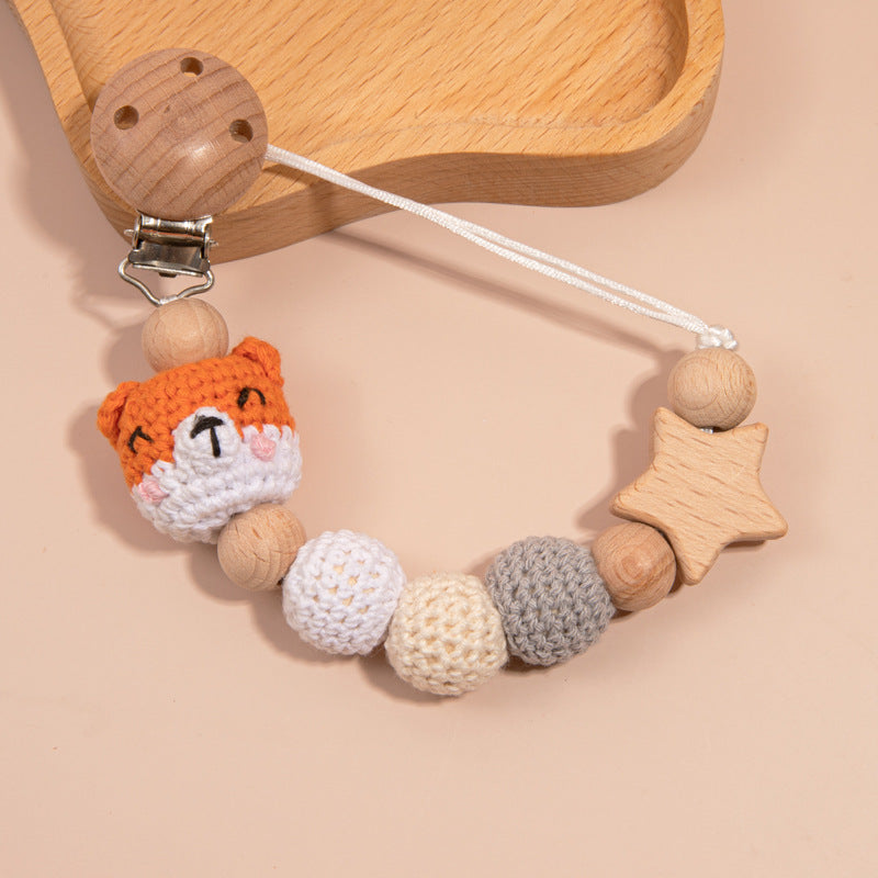 Handmade Crochet Baby Pacifier Chain with Wooden Rattle