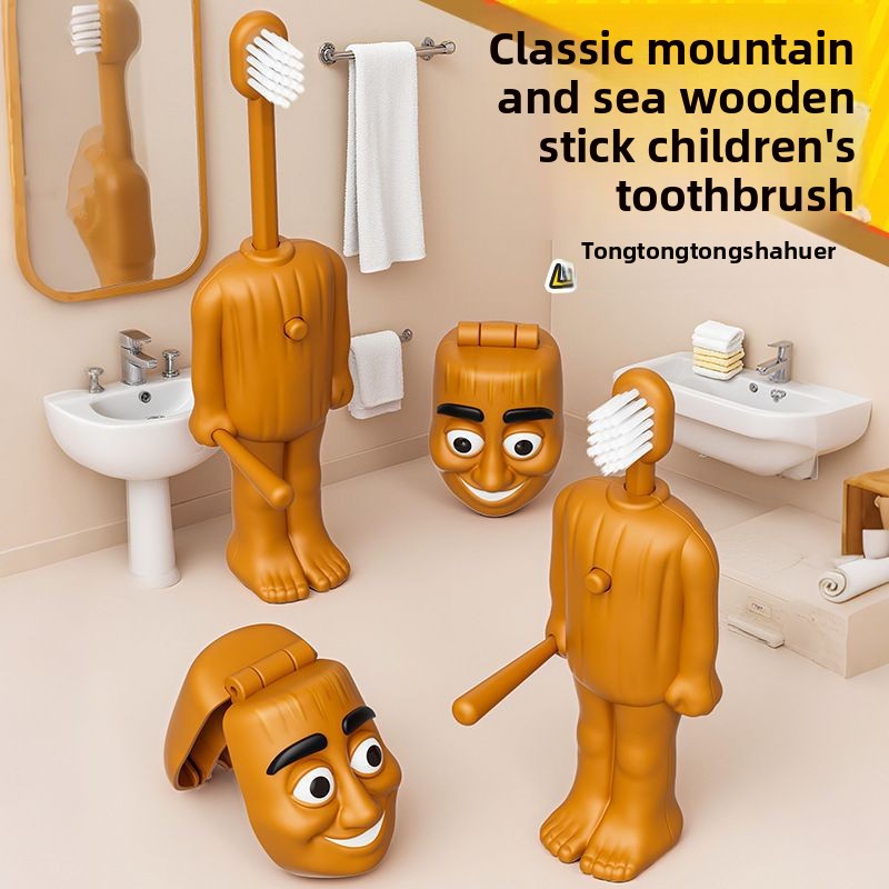 Retractable Wooden Stick Man Doll Children Toothbrush