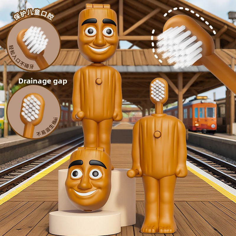 Retractable Wooden Stick Man Doll Children Toothbrush