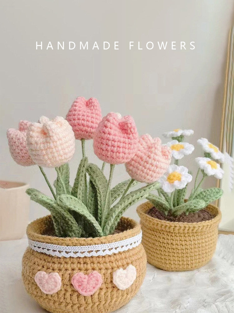 Handmade Crochet Yarn Flower Potted Ornament