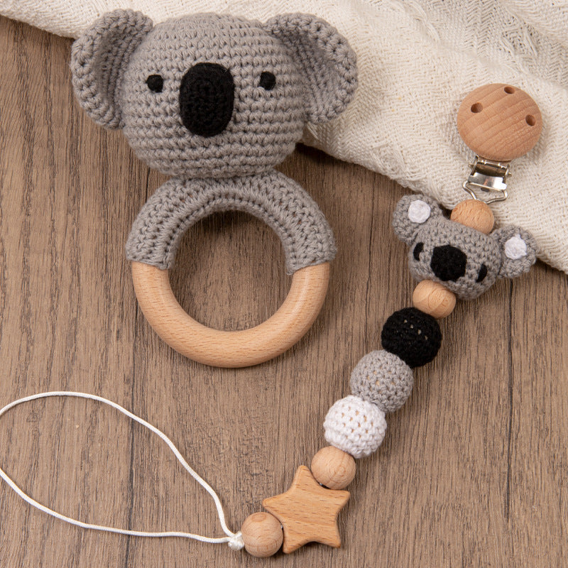 Handmade Crochet Baby Pacifier Chain with Wooden Rattle