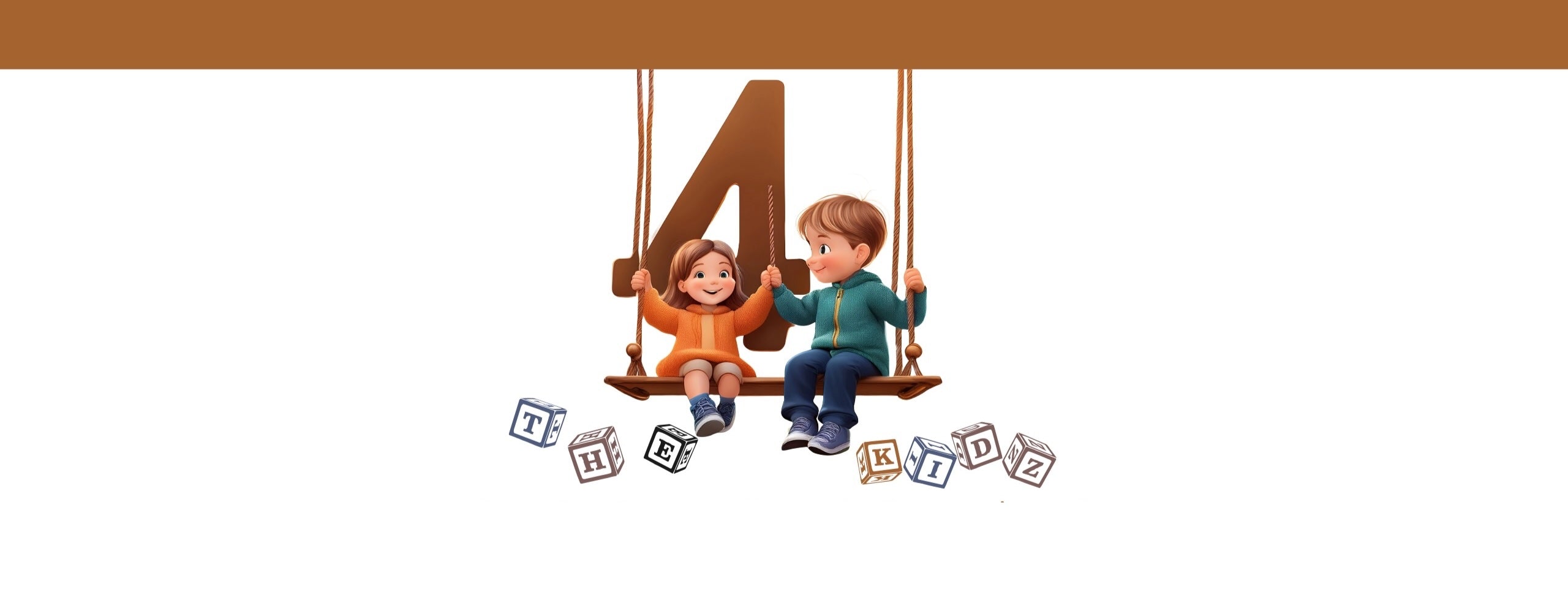 Two children on a swing with the number 4 and letters below, against a white background.