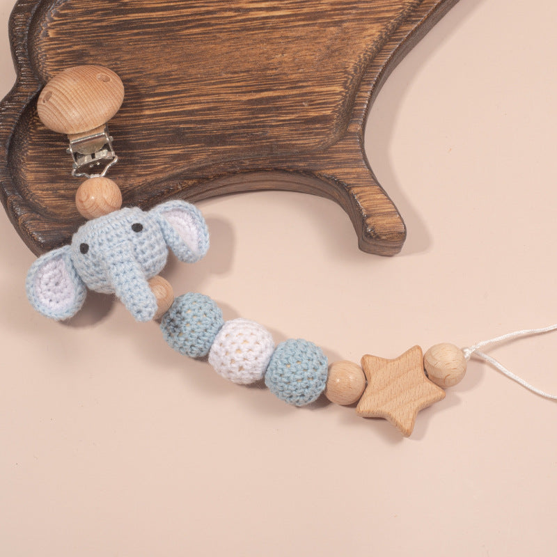 Handmade Crochet Baby Pacifier Chain with Wooden Rattle