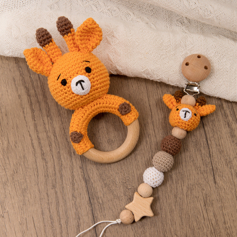 Handmade Crochet Baby Pacifier Chain with Wooden Rattle