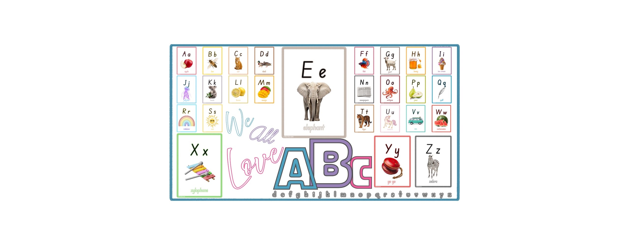 Educational children's poster with alphabet letters and illustrations on a white background