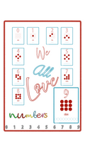 Children's book cover with numbers and 'We All Love Numbers' text on a white background