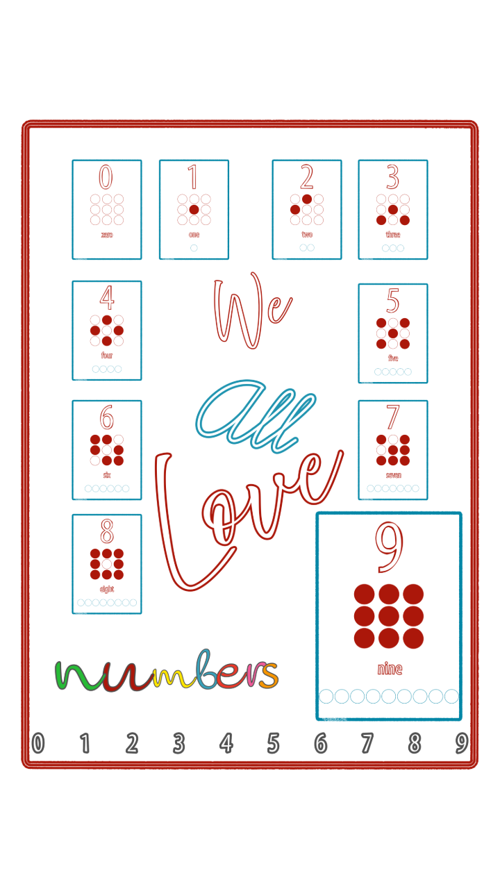 Children's book cover with numbers and 'We All Love Numbers' text on a white background
