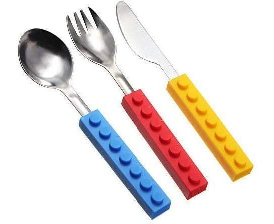 Set of 3 Interlocking Block Babies Silverware - Babies Fork and Spoon Set with Babies Knife for Babies - Non-BPA Babies Cutlery and Babies secure Stainless Steel