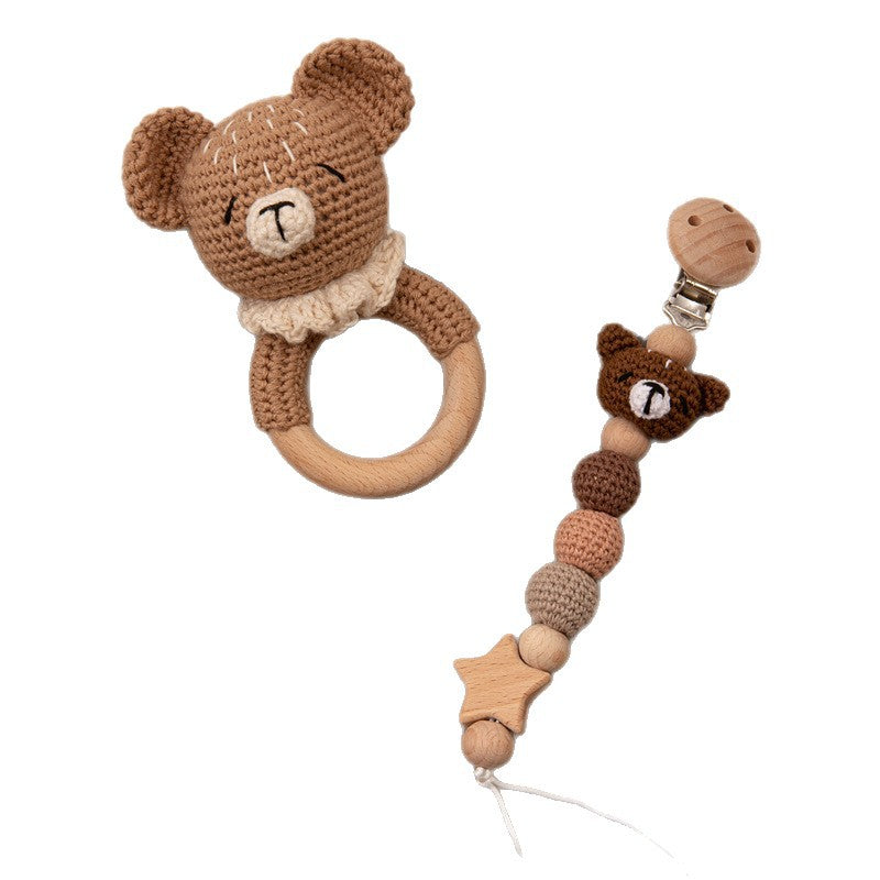 Handmade Crochet Baby Pacifier Chain with Wooden Rattle
