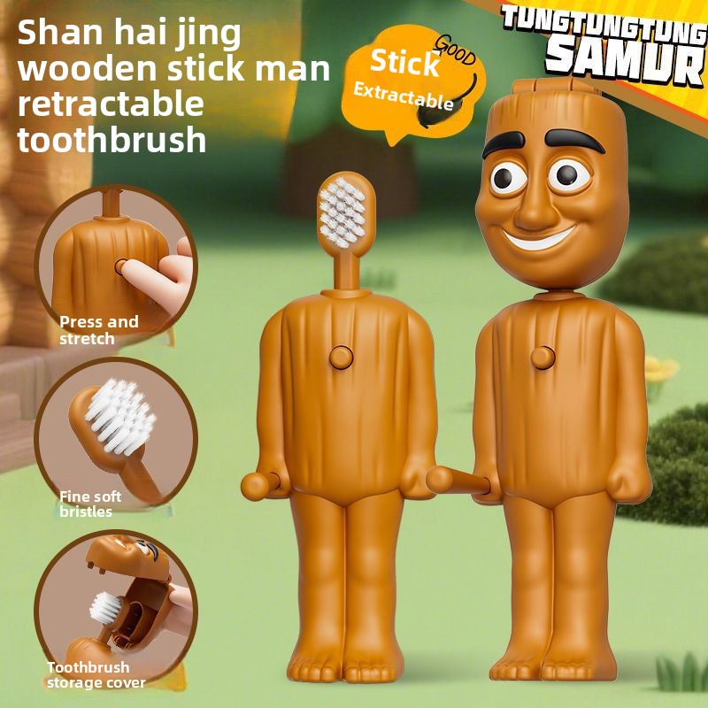 Retractable Wooden Stick Man Doll Children Toothbrush