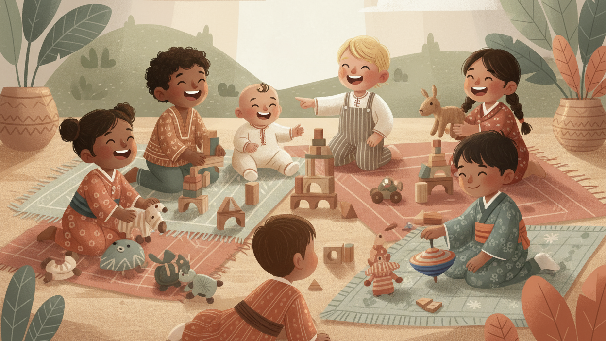 Playing kids different nations and use grounded colours, should be fun. Kids from babies, toddlers to preschoolers.