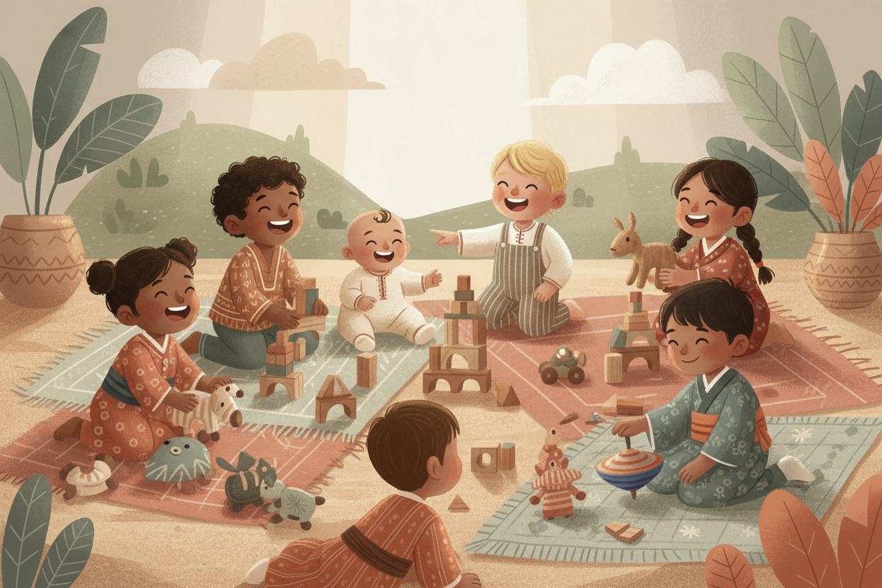 Playing kids different nations and use grounded colours, should be fun. Kids from babies, toddlers to preschoolers.